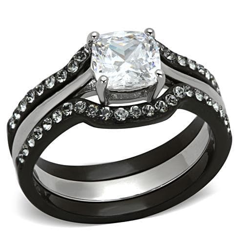 Stainless Steel Dark CZ Cushion Solitaire Pave Bridal Set Ring