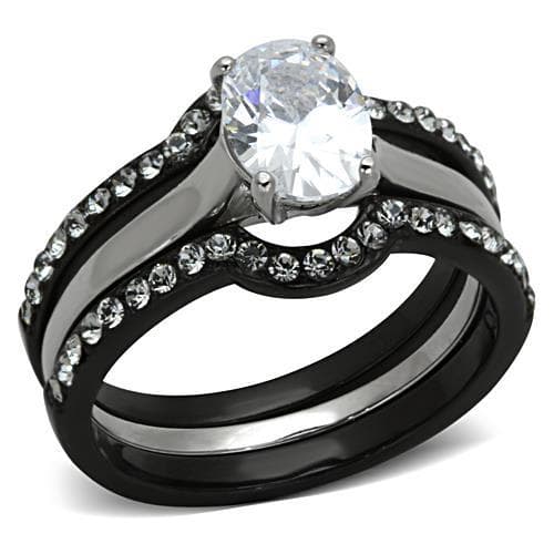 Stainless Steel Dark CZ Oval Solitaire Pave Bridal Set Ring