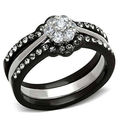 Stainless Steel Dark CZ Round Halo Pave Bridal Set Ring