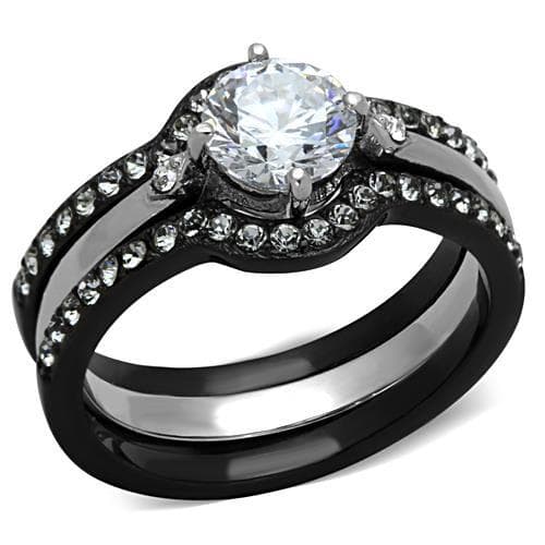 Stainless Steel Dark CZ Round Solitaire Channel Bridal Set Ring