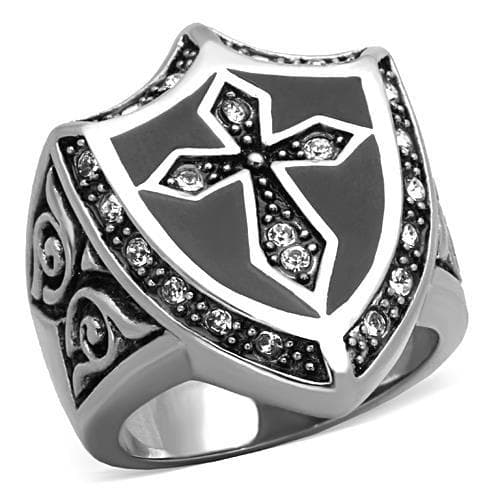 Stainless Steel CZ Cross Shield Mens Signet Ring