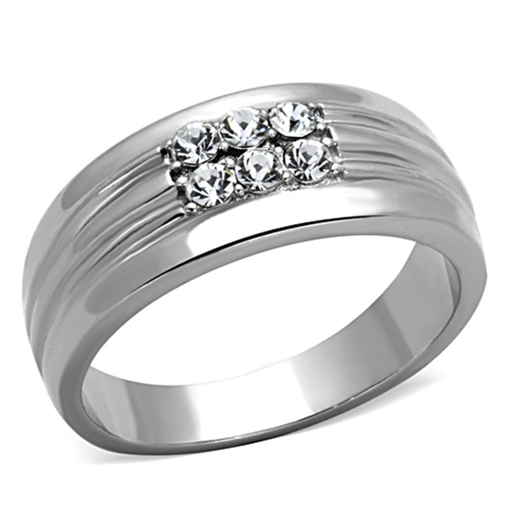 Stainless Steel CZ Channel Ribbed Wide Mens Band Ring