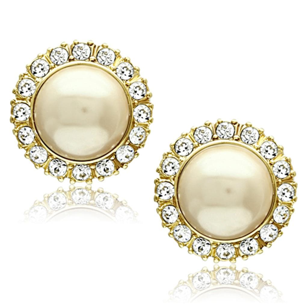 Stainless Steel Gold Pearl CZ Halo Stud Earrings