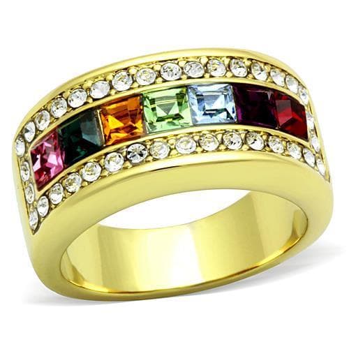 Stainless Steel Gold Rainbow Crystal Channel CZ Border Ring