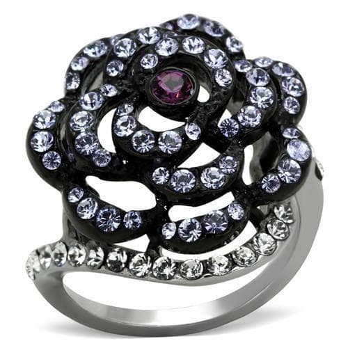 Stainless Steel Purple Crystal Rose Flower Pave Ring