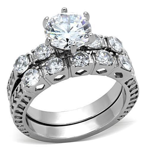 Stainless Steel CZ Round Solitaire Graduated Side Stones Ring