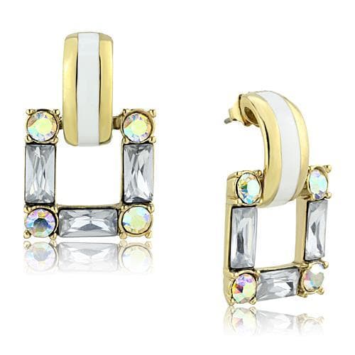 Stainless Steel Gold IP White Enamel AB Crystal Huggie Earrings