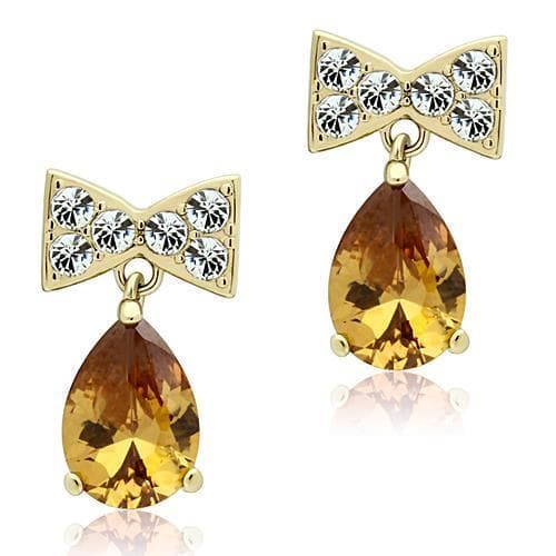 Stainless Steel Gold CZ Bow Citrine Pear Drop Earrings