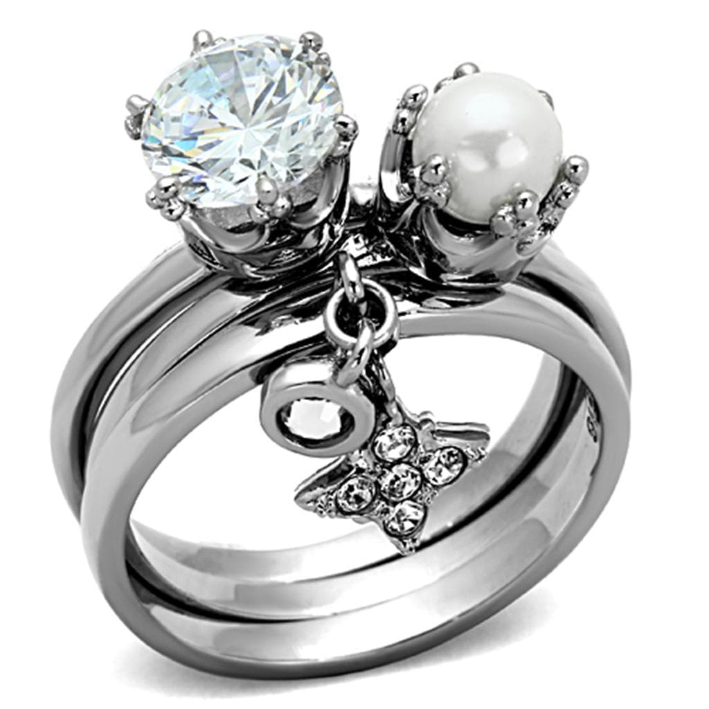 Stainless Steel Pearl CZ Flower Charm Stackable Set Ring