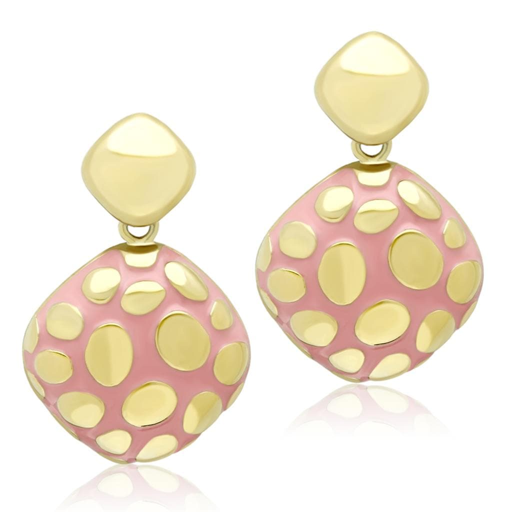 Stainless Steel Gold Pink Enamel Polka Dot Drop Earrings