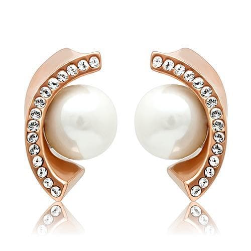 Stainless Steel Rose Gold Pearl CZ Crescent Moon Stud Earrings