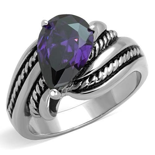 Stainless Steel Purple Oval Crystal Rope Twist Bezel Ring