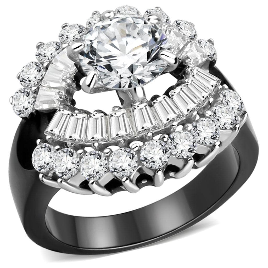 Stainless Steel Black IP CZ Round Baguette Starburst Halo Ring