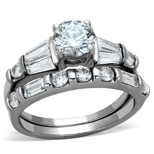 Stainless Steel CZ Round Baguette Bridal Two Band Set Ring