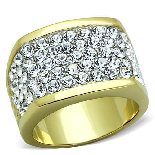 Stainless Steel Gold CZ Pave Wide Rectangular Dome Ring