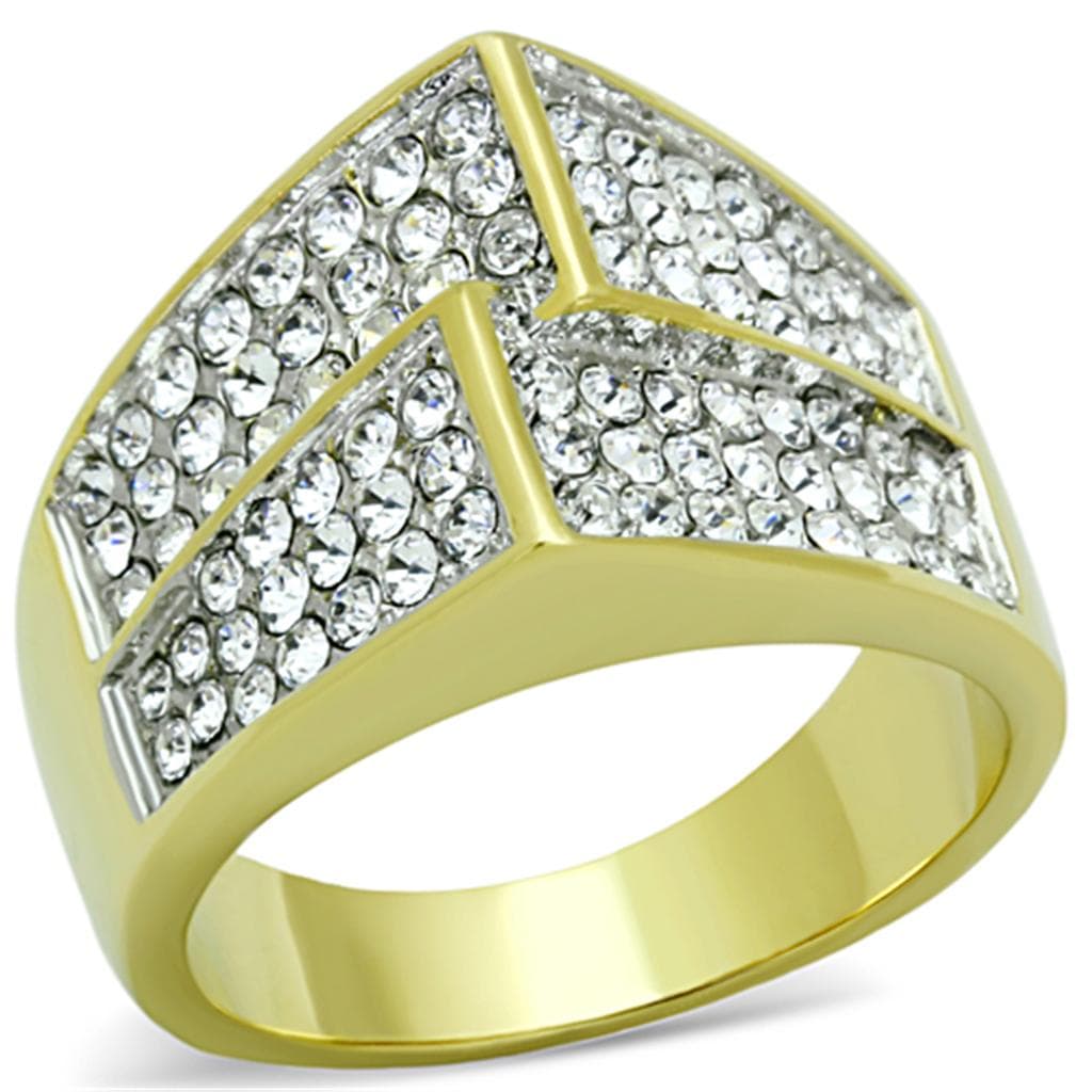 Stainless Steel Gold CZ Pave Chevron Princess Center Wide Ring