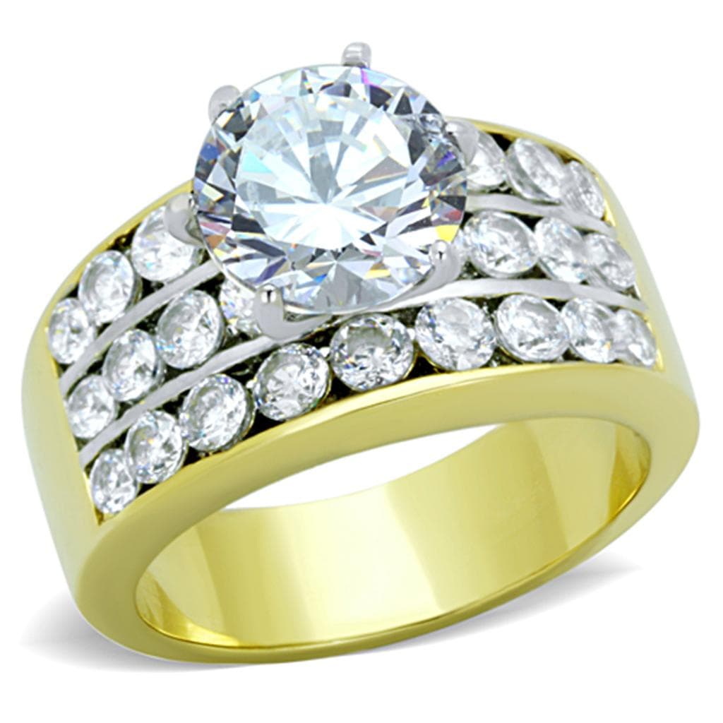 Stainless Steel Gold CZ Round Pave Channel Wide Band Ring