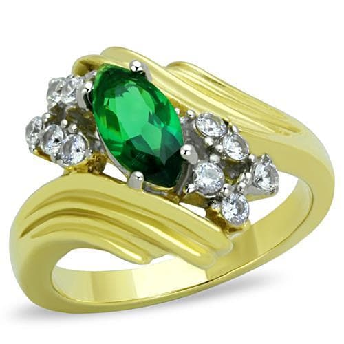 Stainless Steel Gold Emerald Marquise CZ Halo Wave Bypass Ring