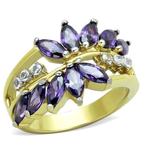 Stainless Steel Gold Purple Marquise Flower CZ Cluster Ring