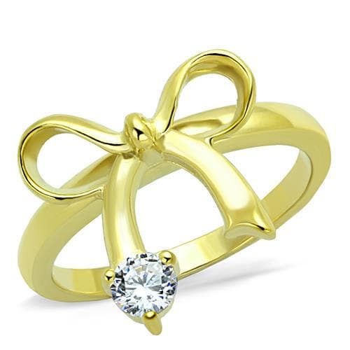 Stainless Steel Gold CZ Bow Ribbon Solitaire Ring