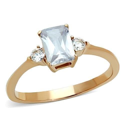 Stainless Steel Rose Gold CZ Emerald Cut Side Stone Ring