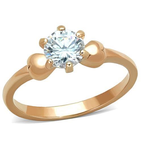 Stainless Steel Rose Gold CZ Round Six Prong Classic Ring