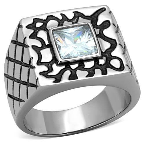 Stainless Steel CZ Princess Gear Frame Mens Signet Ring
