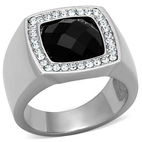 Stainless Steel Black Onyx Cushion CZ Halo Mens Signet Ring