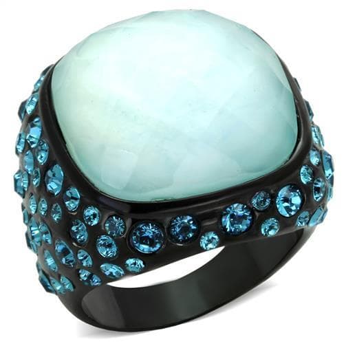 Stainless Steel Black IP Mint Cabochon Aqua Crystal Dome Ring