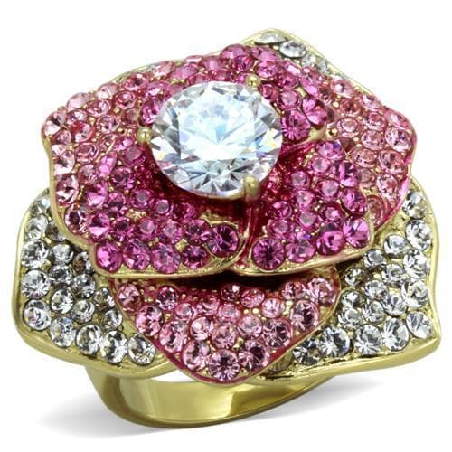 Stainless Steel Gold Pink Crystal Rose Flower CZ Center Ring