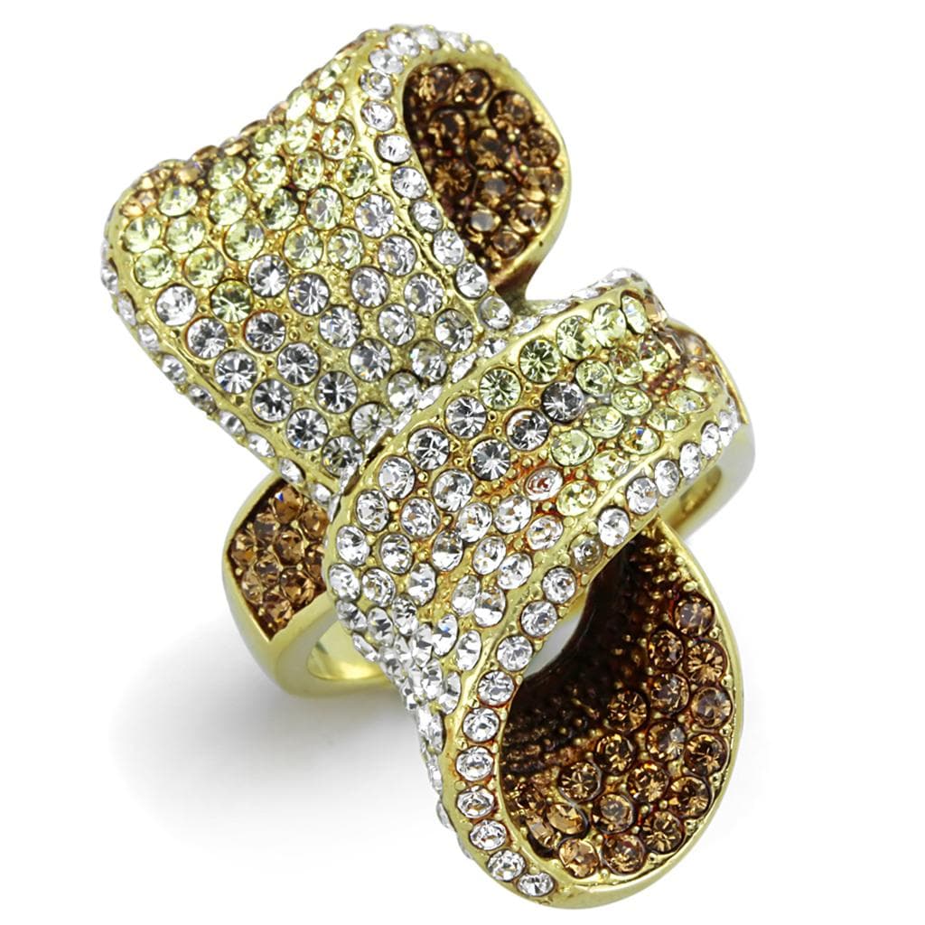 Stainless Steel Gold Champagne Brown Crystal Pave Knot Ring