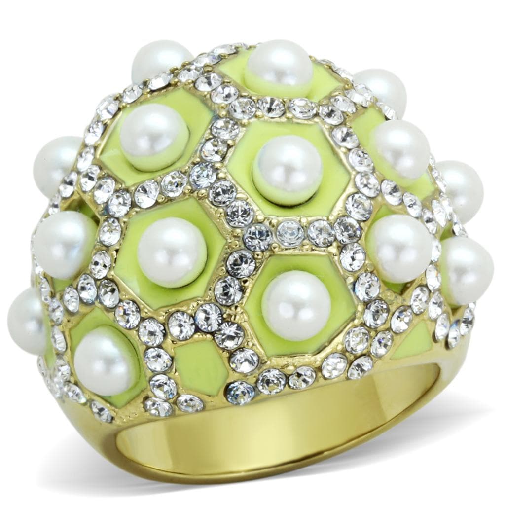 Stainless Steel Gold Green Enamel Pearl CZ Dome Ring