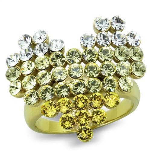 Stainless Steel Gold Yellow Crystal Cluster Heart Dome Ring