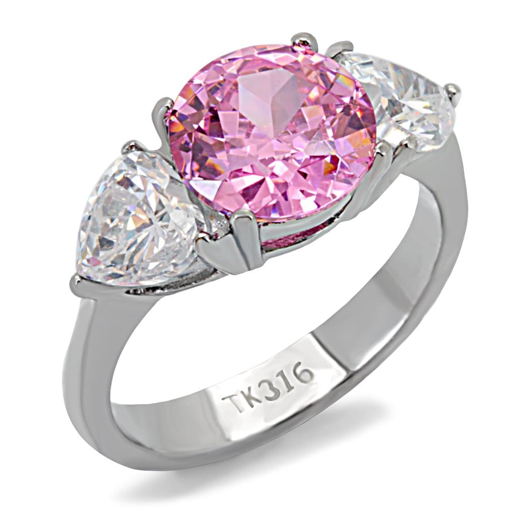 Stainless Steel Pink Oval CZ Heart Three Stone Ring