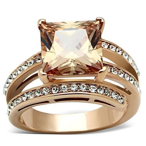 Stainless Steel Rose Gold Champagne Princess CZ Pave Bridal Ring