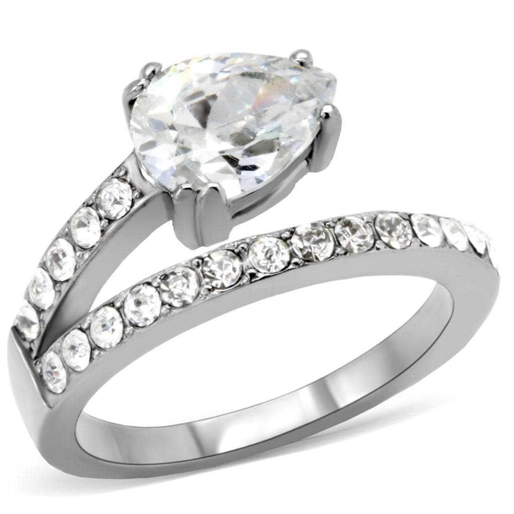 Stainless Steel CZ Oval Solitaire Pave Band Ring