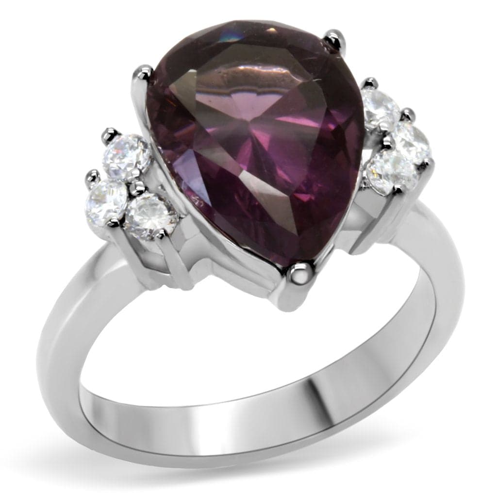 Stainless Steel Amethyst Pear CZ Side Stones Ring