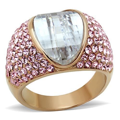 Stainless Steel Rose Gold CZ Cushion Pink Pave Dome Ring
