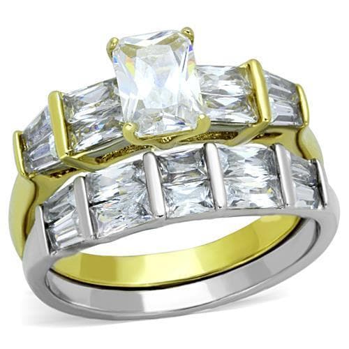 Stainless Steel Gold CZ Princess Baguette Bridal Set Ring