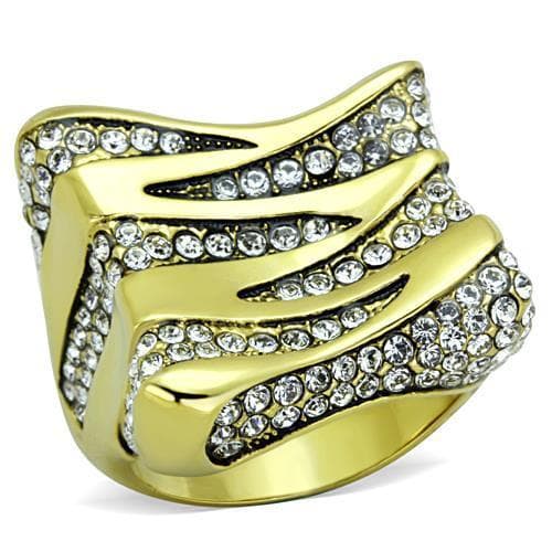 Stainless Steel Gold CZ Pave Wave Stripe Wide Cocktail Ring