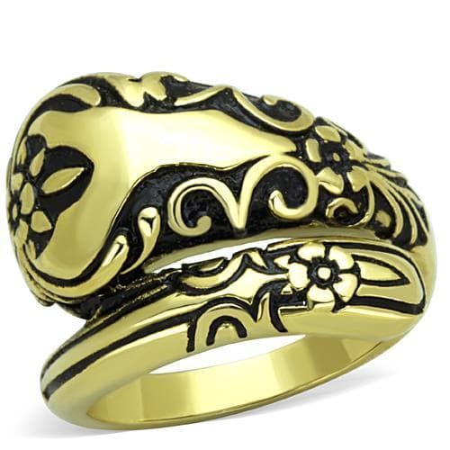 Stainless Steel Gold Antiqued Black Enamel Floral Scroll Ring