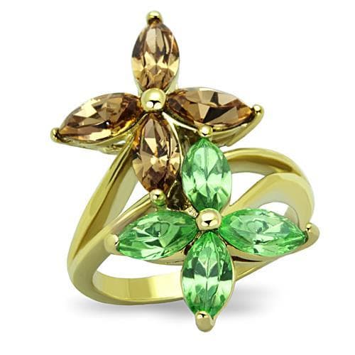 Stainless Steel Gold Green Brown Crystal Marquise Flower Ring