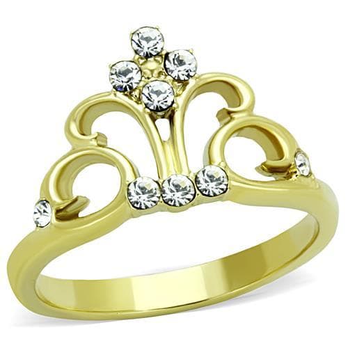 Stainless Steel Gold CZ Fleur De Lis Crown Tiara Ring