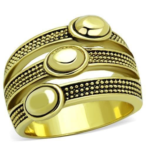 Stainless Steel Gold Antiqued Beaded Oval Cabochon Wide Ring