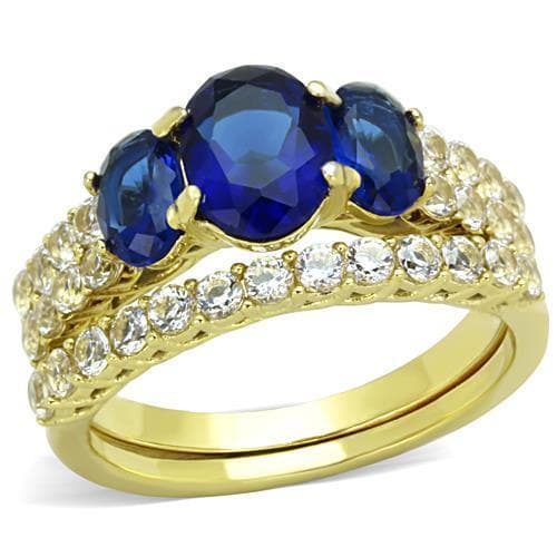 Stainless Steel Gold Blue Sapphire Double Oval CZ Bridal Set Ring