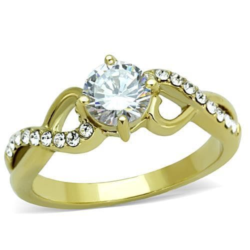 Stainless Steel Gold CZ Round Heart Accent Pave Band Ring