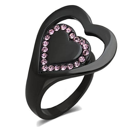 Stainless Steel Black IP Pink Crystal Open Heart Ring