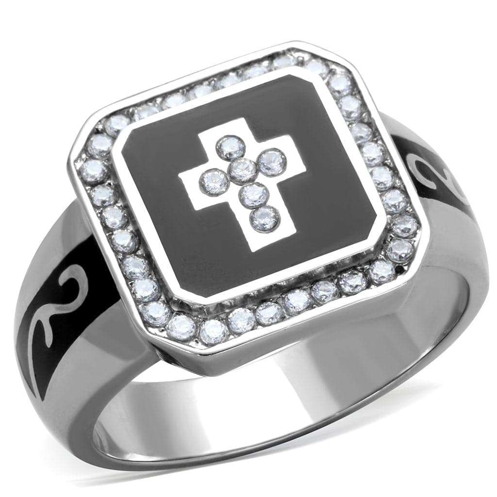 Stainless Steel Cross Black Enamel CZ Square Mens Signet Ring