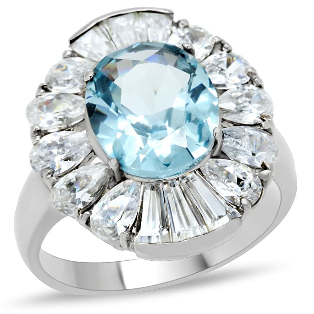 Stainless Steel Aqua Blue Oval Crystal CZ Starburst Halo Ring