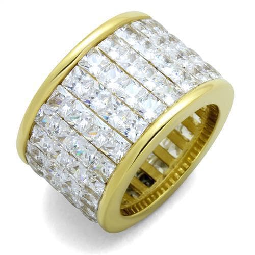 Stainless Steel Gold CZ Baguette Multi Row Channel Wide Ring